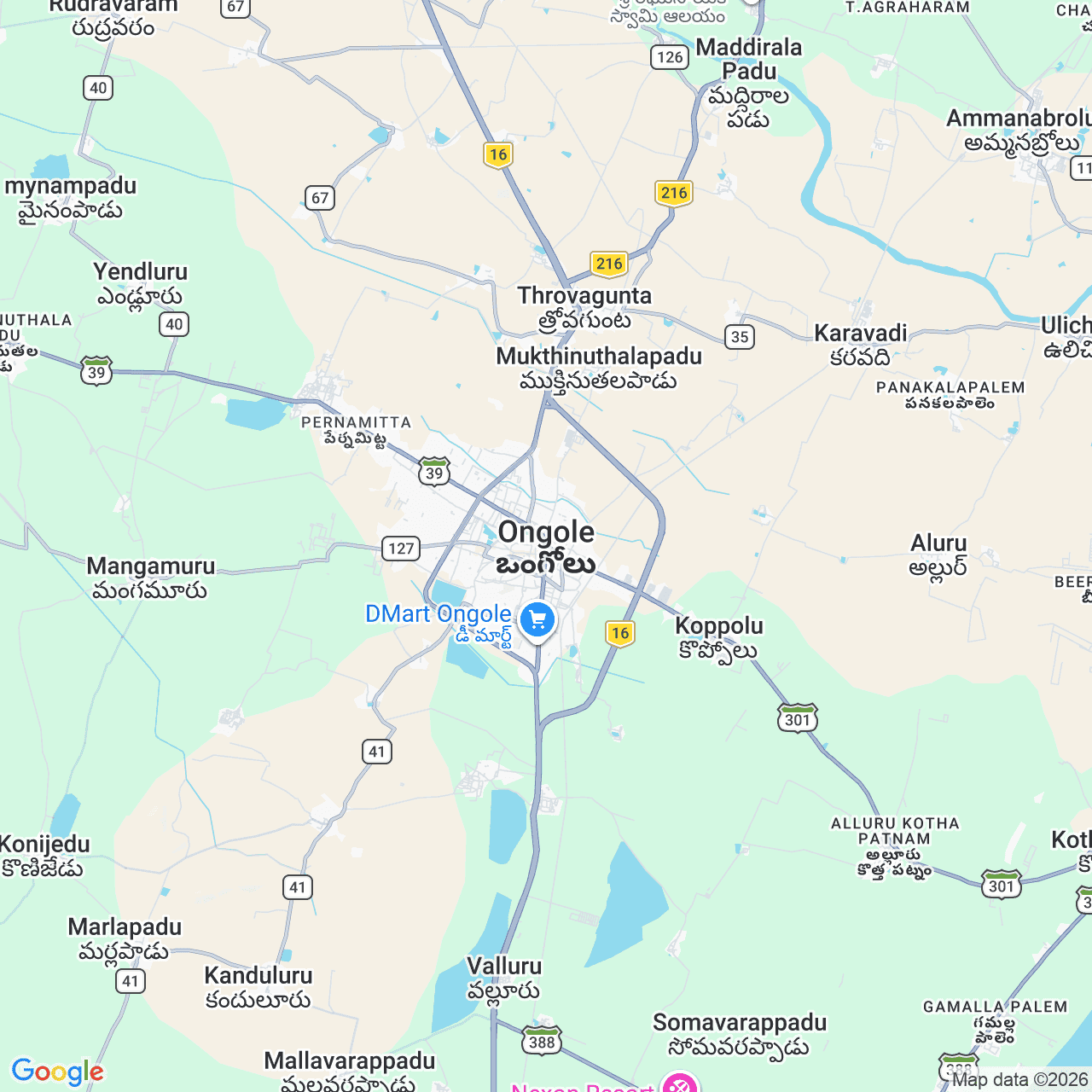 Map of Ongole showing Virat Systems beside Amma Hospital, Lambadi Donka