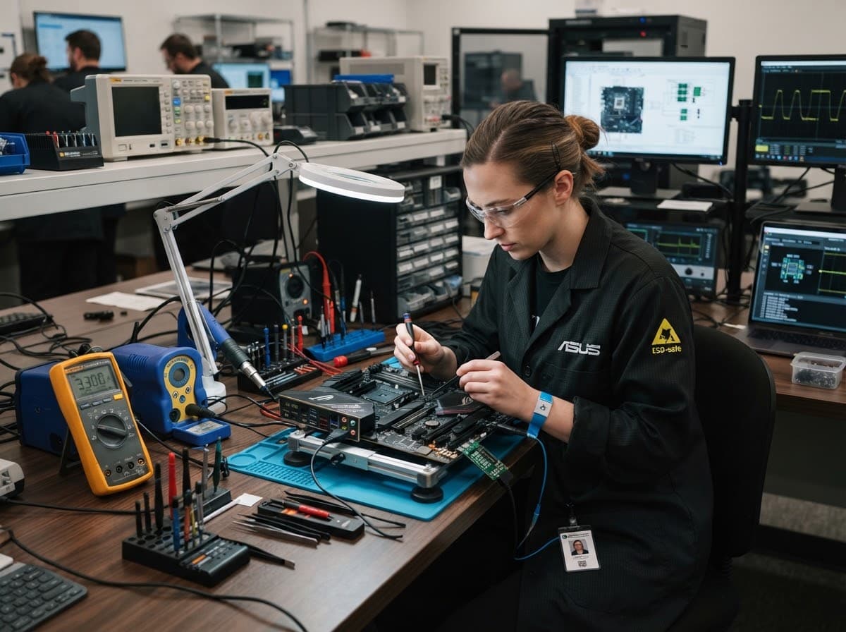 Certified engineer repairing a laptop motherboard in the Virat Systems service lab